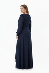Grote Maten Chiffon Avondjurk Met Taille‑Detail, Marineblauw
