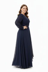 Grote Maten Chiffon Avondjurk Met Taille‑Detail, Marineblauw