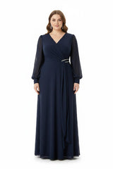 Grote Maten Chiffon Avondjurk Met Taille‑Detail, Marineblauw