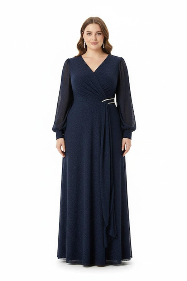 Grote Maten Chiffon Avondjurk Met Taille‑Detail, Marineblauw