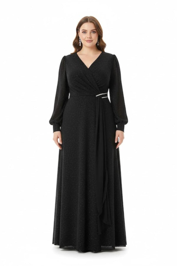 Plus‑Size Chiffon‑Overlay Avondjurk Met Taille‑Detail — Zwart
