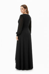 Plus‑Size Chiffon‑Overlay Avondjurk Met Taille‑Detail — Zwart