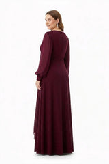 Plus - Size Chiffon Avondjurk Met Taille - Detail — Bordeaux