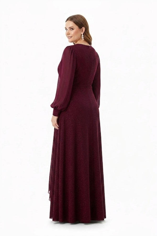 Plus - Size Chiffon Avondjurk Met Taille - Detail — Bordeaux