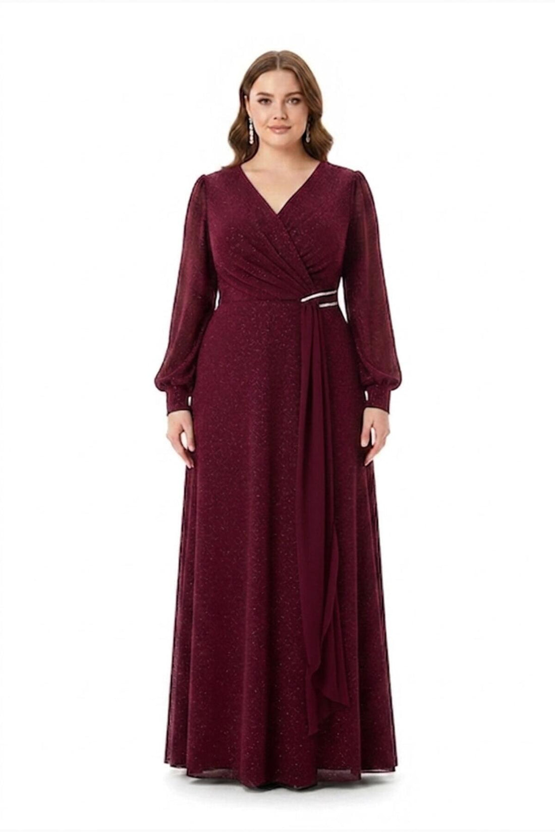 Plus - Size Chiffon Avondjurk Met Taille - Detail — Bordeaux