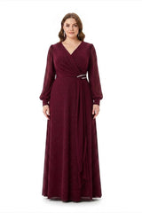 Plus - Size Chiffon Avondjurk Met Taille - Detail — Bordeaux