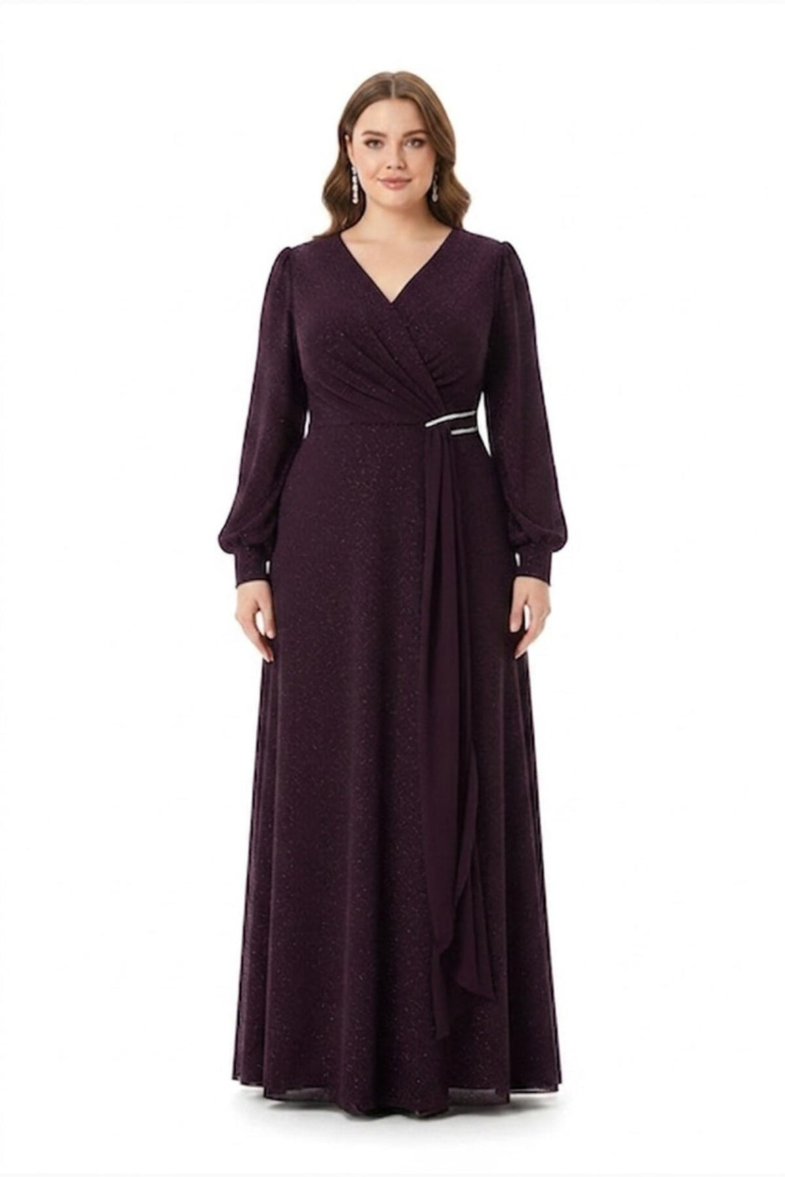 Chiffonjurk In Grote Maten Met Tailleaccessoire – Paars