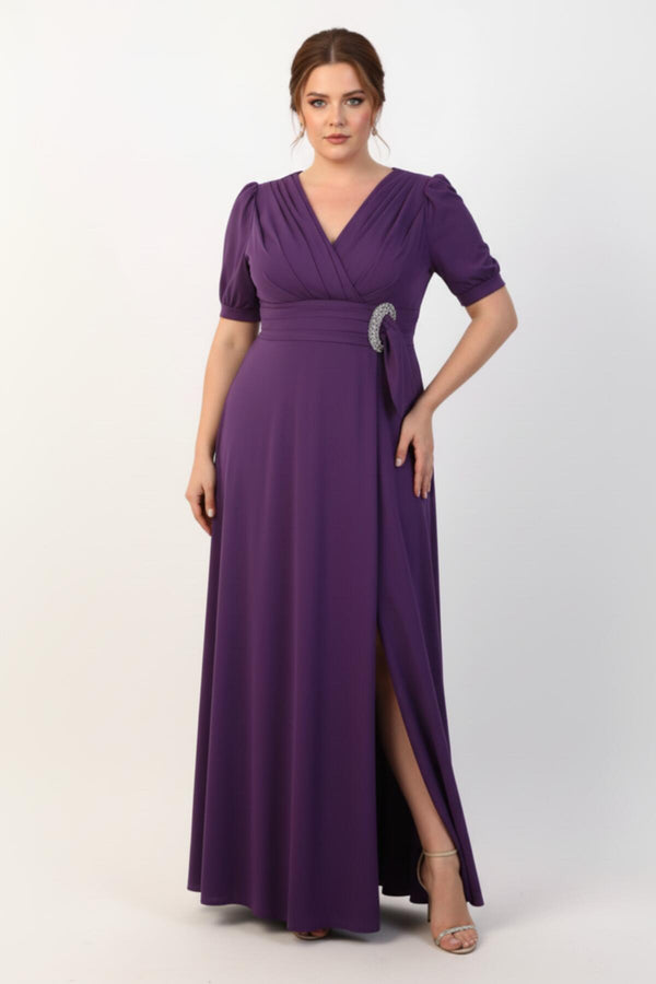 Plus - Size Lange Avondjurk Met Taillegesp En Ellebooglange Mouwen — Paars