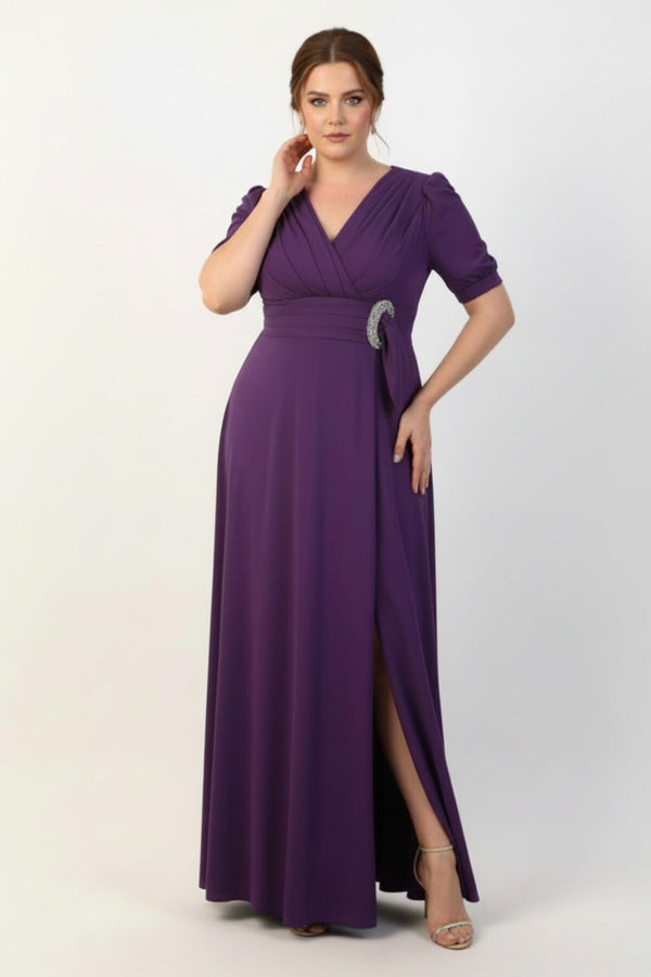 Plus - Size Lange Avondjurk Met Taillegesp En Ellebooglange Mouwen — Paars