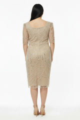 Plus‑Size Square‑Neck Sequin & Bead Evening Dress — Beige