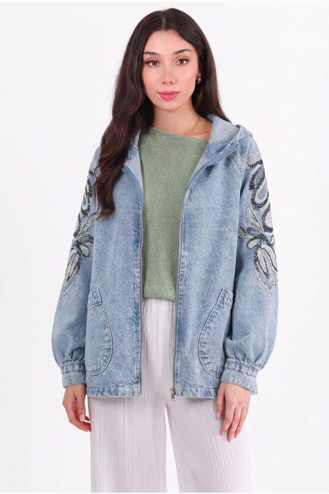 Losse Denimjas Met Borduursels En Pailletten