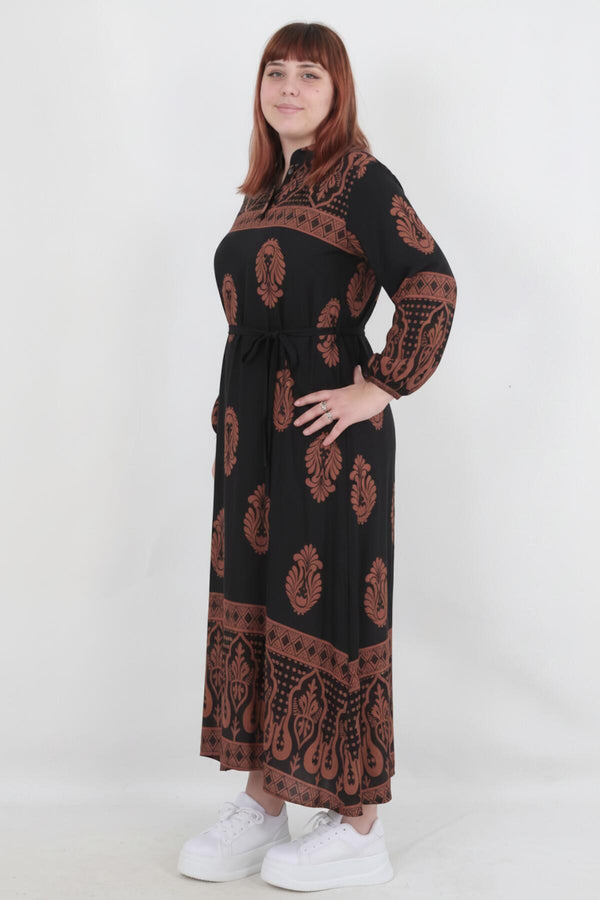 Gemustertes Webkleid – Schwarz (Große Größen)