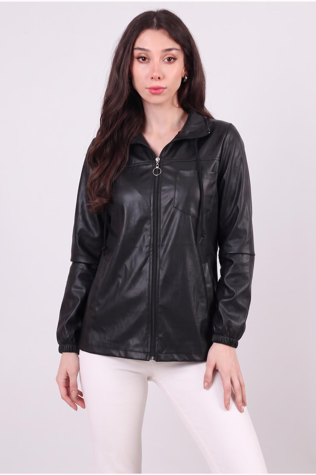 Veste Ajustée En Simili Cuir À Capuche — Noir