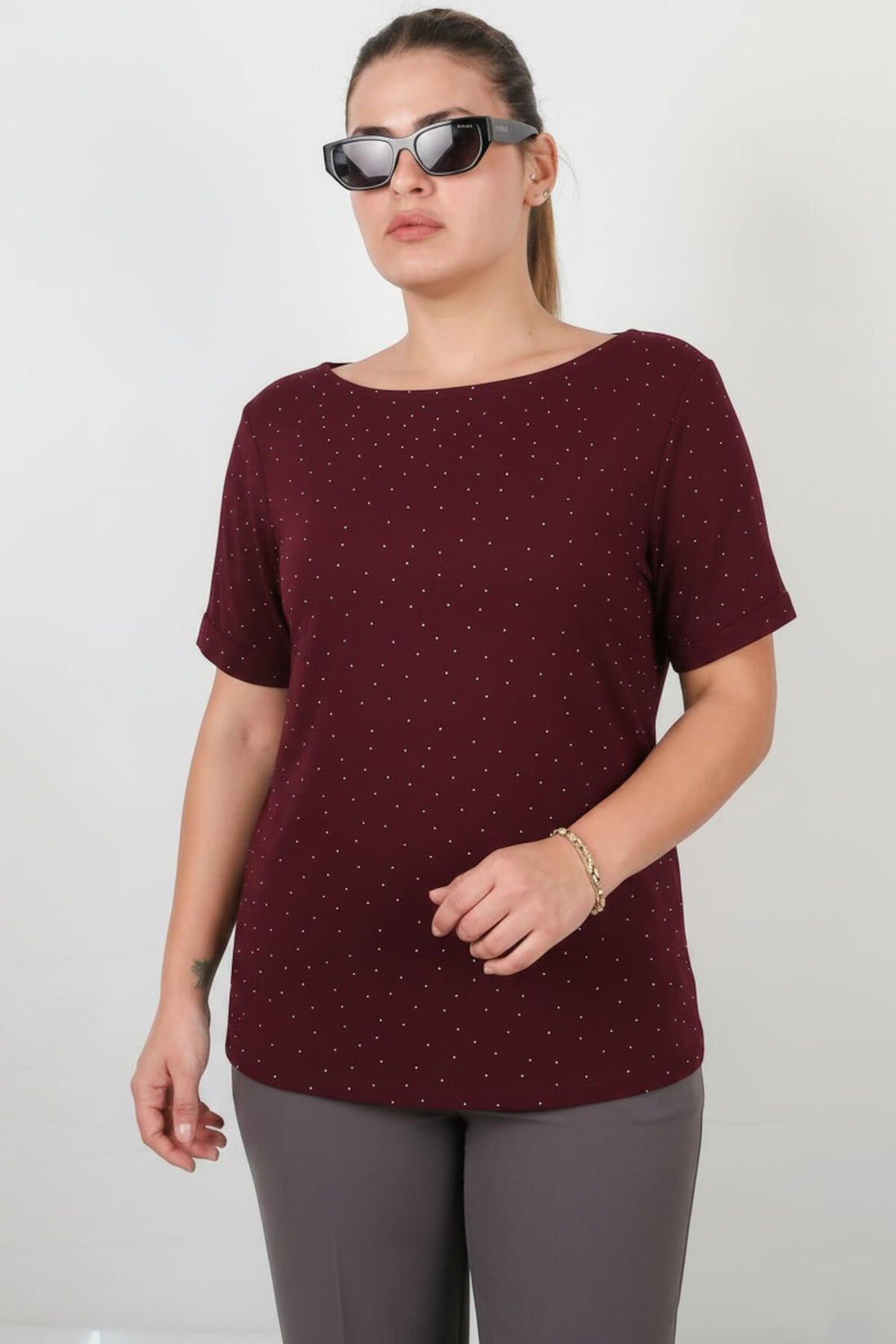 Blouse Met Boothals En Steentjes — Bordeaux (Grote Maten)