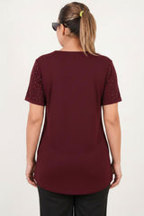 Blouse Met Boothals En Steentjes — Bordeaux (Grote Maten)
