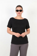 Bluse Mit Boot‑Ausschnitt Und Silbersteinen – Schwarz (Große Größen)