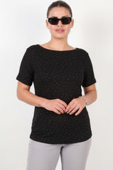 Bluse Mit Boot‑Ausschnitt Und Silbersteinen – Schwarz (Große Größen)