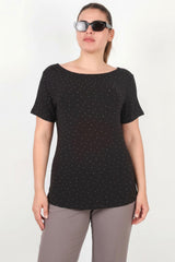 Bluse Mit Boot‑Ausschnitt Und Silbersteinen – Schwarz (Große Größen)