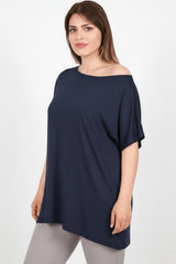 Plus - Size Wijdvallende Blouse Met Verlaagde Schouders – Marineblauw