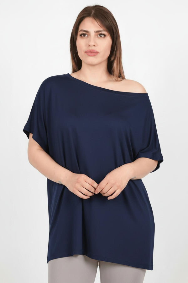 Plus - Size Wijdvallende Blouse Met Verlaagde Schouders – Marineblauw
