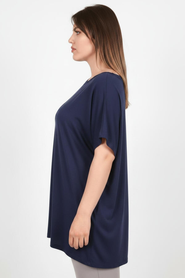 Plus - Size Wijdvallende Blouse Met Verlaagde Schouders – Marineblauw