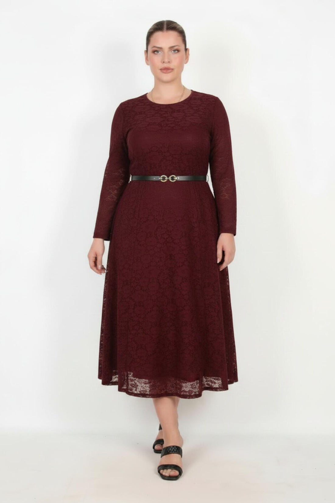 Bordeaux Spitzenkleid Mit Langen Ärmeln (Große Größen)