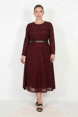 Bordeaux Spitzenkleid Mit Langen Ärmeln (Große Größen)