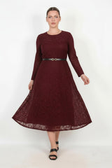 Bordeaux Spitzenkleid Mit Langen Ärmeln (Große Größen)