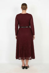 Bordeaux Spitzenkleid Mit Langen Ärmeln (Große Größen)