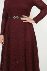 Bordeaux Spitzenkleid Mit Langen Ärmeln (Große Größen)