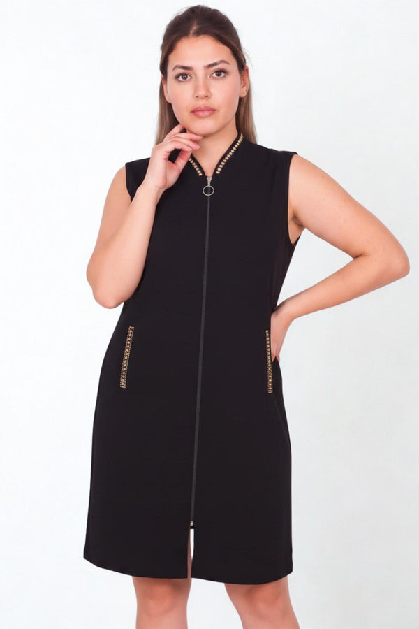 Plus - Size Ottoman Vest With Front Zip And Stone Details - Black