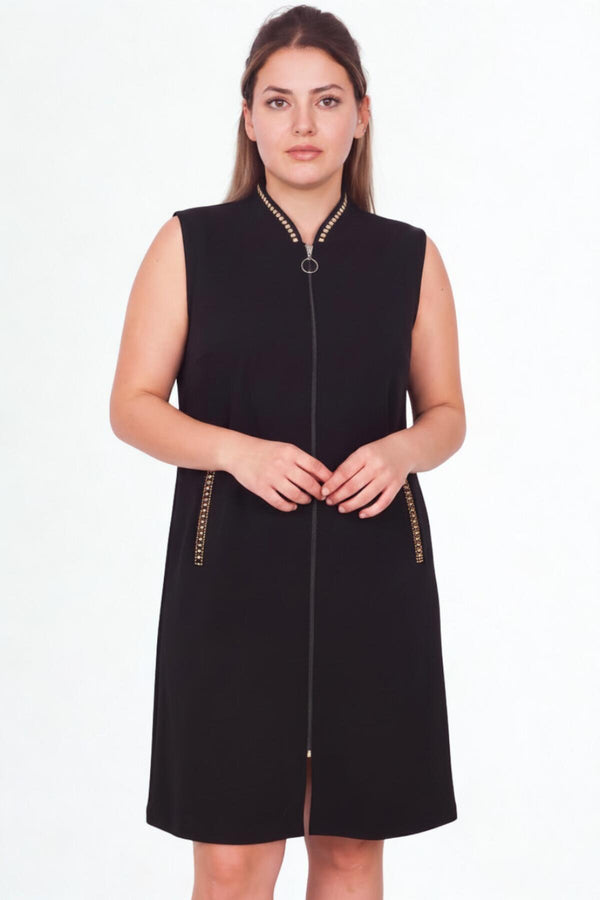 Plus - Size Ottoman Vest With Front Zip And Stone Details - Black