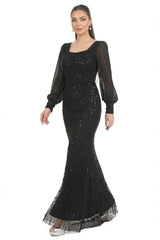 Robe De Soirée Longue Noire, Manches En Chiffon À Poignets Et Ornement De Paillettes Et Perles