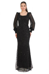 Robe De Soirée Longue Noire, Manches En Chiffon À Poignets Et Ornement De Paillettes Et Perles