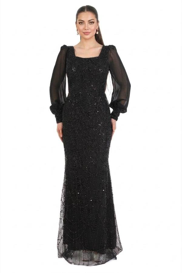 Black Long Evening Dress With Cuffed Chiffon Sleeves And Sequin Beading