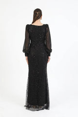 Robe De Soirée Longue Noire, Manches En Chiffon À Poignets Et Ornement De Paillettes Et Perles