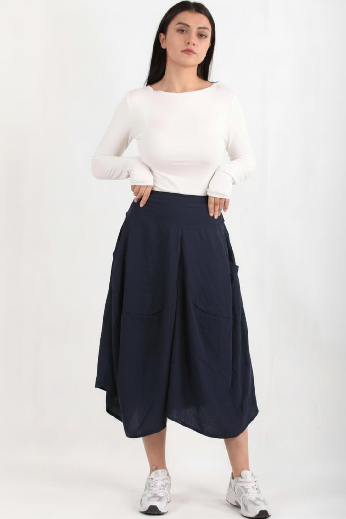 Korte, Wijde Tencel‑Broek Met Elastische Achtertaille – Marineblauw
