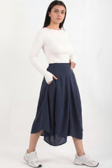 Korte, Wijde Tencel‑Broek Met Elastische Achtertaille – Marineblauw