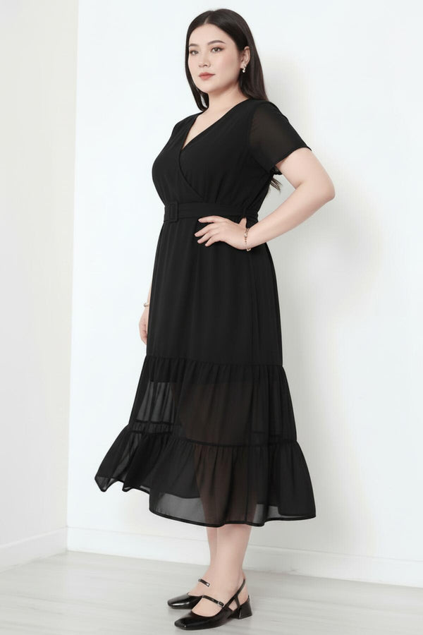 Plus‑Size V‑Hals Lange Jurk Met Tulezoom, Zwart
