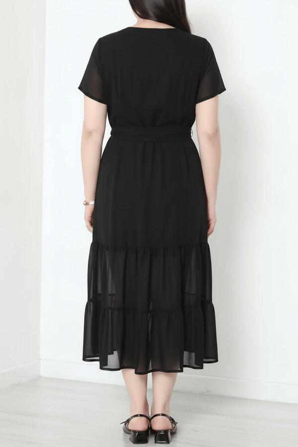 Plus‑Size V‑Hals Lange Jurk Met Tulezoom, Zwart
