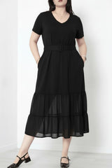 Plus‑Size V‑Hals Lange Jurk Met Tulezoom, Zwart