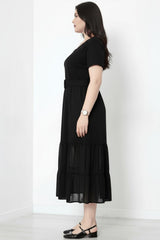 Plus‑Size V‑Hals Lange Jurk Met Tulezoom, Zwart