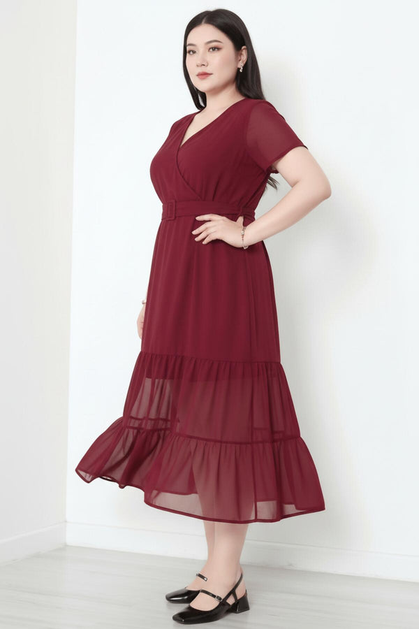 Plus - Size V - Hals Lange Jurk Met Gelaagde Tulezoom – Bordeaux