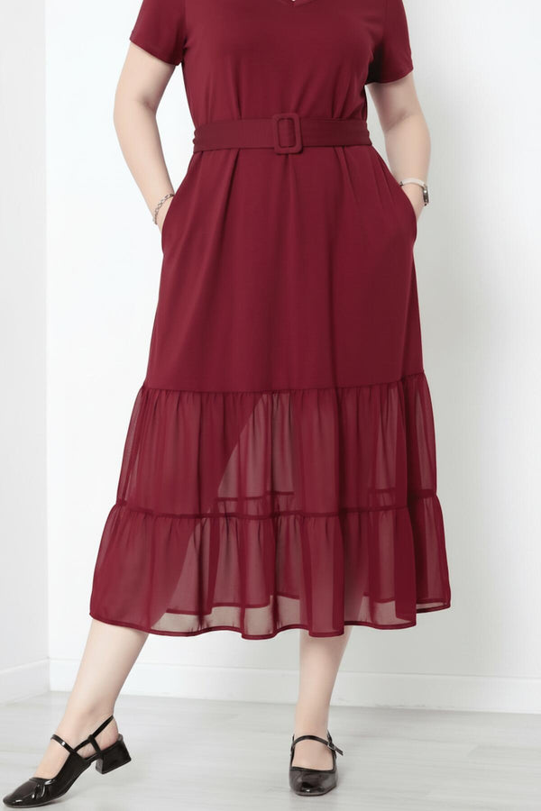 Plus - Size V - Hals Lange Jurk Met Gelaagde Tulezoom – Bordeaux