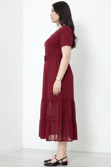 Plus - Size V - Hals Lange Jurk Met Gelaagde Tulezoom – Bordeaux