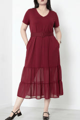 Plus - Size V - Hals Lange Jurk Met Gelaagde Tulezoom – Bordeaux