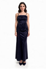 Ärmelloses Langes Abendkleid Mit Falten – Marineblau