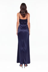 Ärmelloses Langes Abendkleid Mit Falten – Marineblau