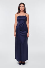 Ärmelloses Langes Abendkleid Mit Falten – Marineblau