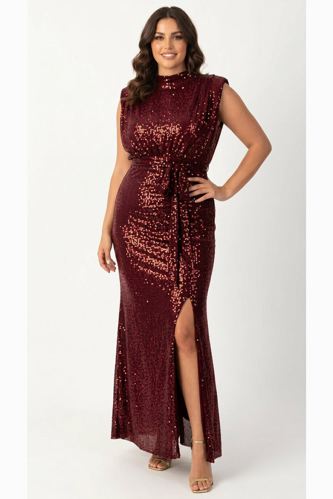 Plus‑Size Mouwloze Pailletten Maxi‑Jurk – Bordeaux